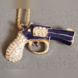 Rhinestone Gold & Navy Pistol Pendant Necklace